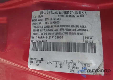 2001 Ford Mustang z USA, uszkodzony, nr VIN 1FAFP44421F128030